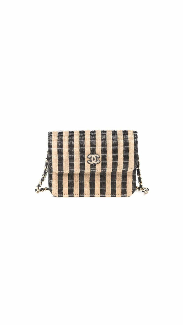 Chanel - Raffia Jute Striped Belt Bag Black Beige