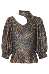 Ganni - Ganni Woman Cutout Tiger Print Lamé Blouse Animal Print