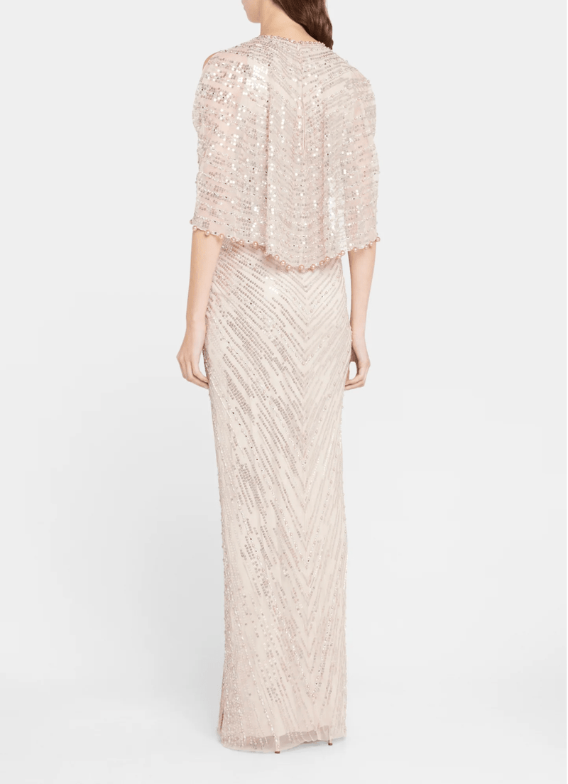 Jenny Packham - Loja Beaded Cold-Shoulder Cape Gown