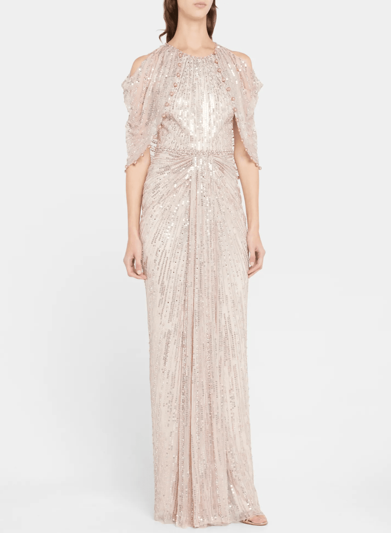 Jenny Packham - Loja Beaded Cold-Shoulder Cape Gown