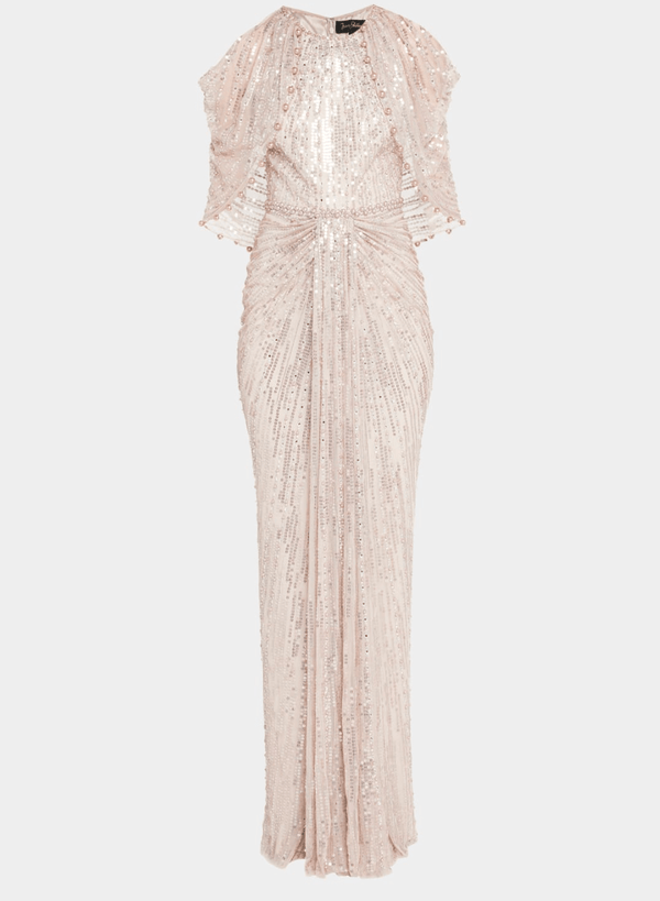 Jenny Packham - Loja Beaded Cold-Shoulder Cape Gown