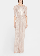 Jenny Packham - Loja Beaded Cold-Shoulder Cape Gown