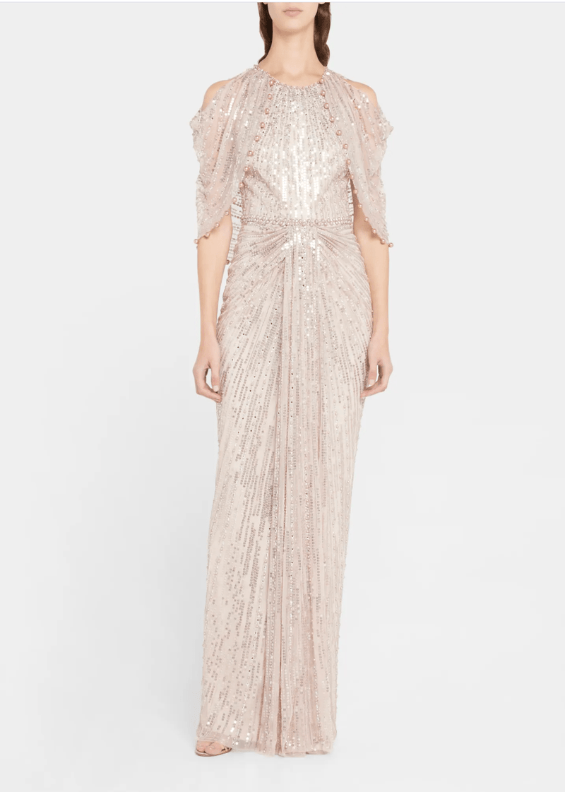 Jenny Packham - Loja Beaded Cold-Shoulder Cape Gown