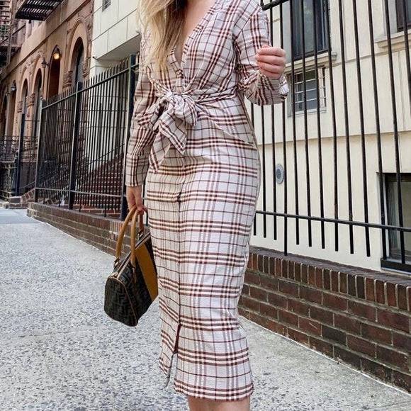 L'ACADEMIE - The Pauline Midi Dress in Brown Plaid