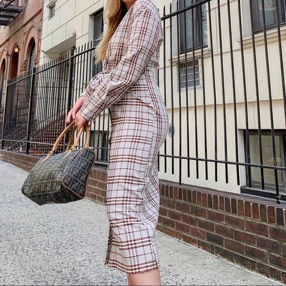 L'ACADEMIE - The Pauline Midi Dress in Brown Plaid