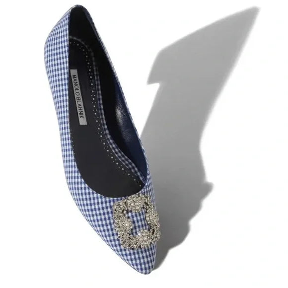 Manolo Blahnik - Hangisi Blue Gingham Ballerina Flat