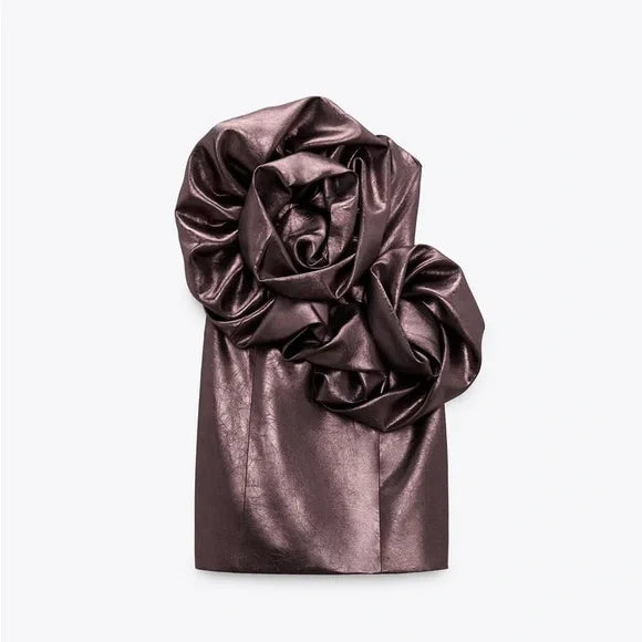 Zara - Zara Bronze Metallic Volumous Floral Dress