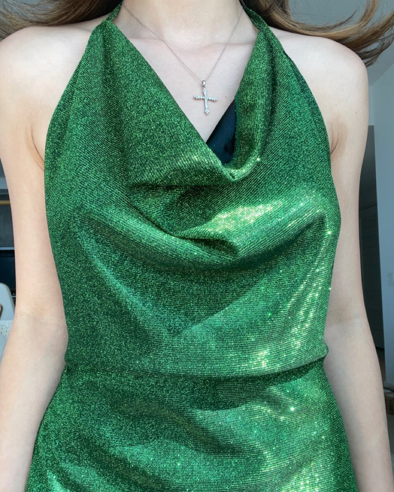 LE ORA - Glitter Green Halter Mini Dress