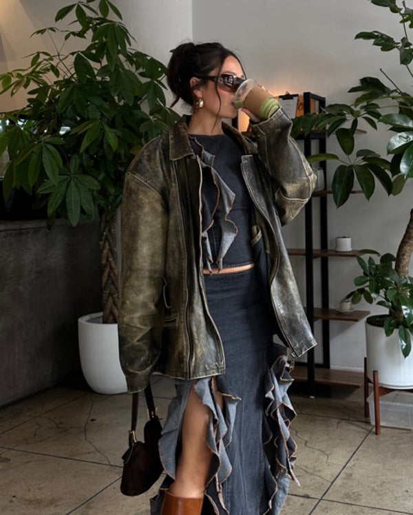Vintage - Distressed Oversized Leather Jacket