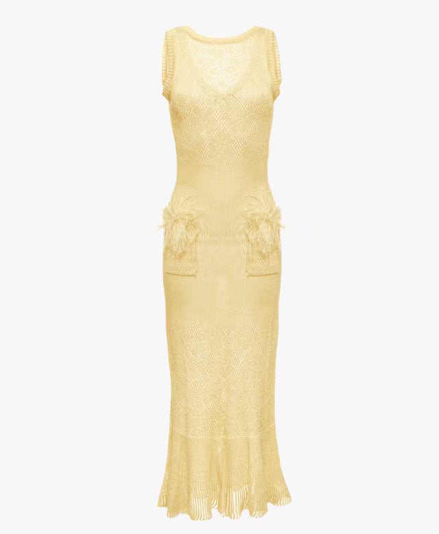 Champagne Yellow Knit Dress With Feathers