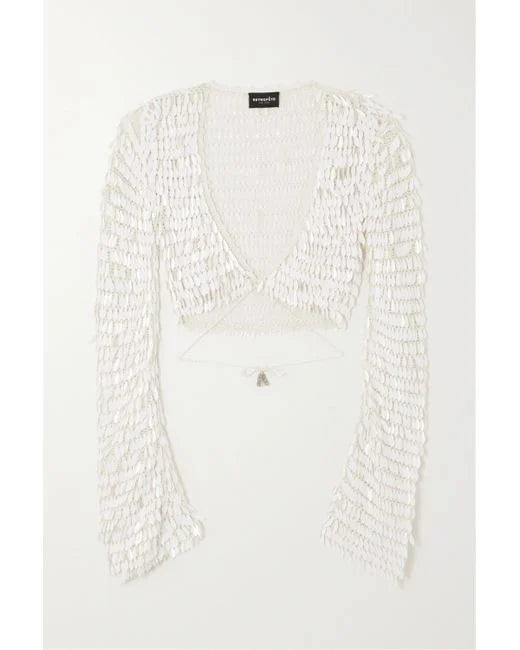 Retrofete - Natural Yara Cropped Paillette-embellished Crochet-knit Top