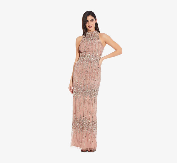 Adrianna Papell -Beaded Column Gown with Mock Neckline in Rose Gold