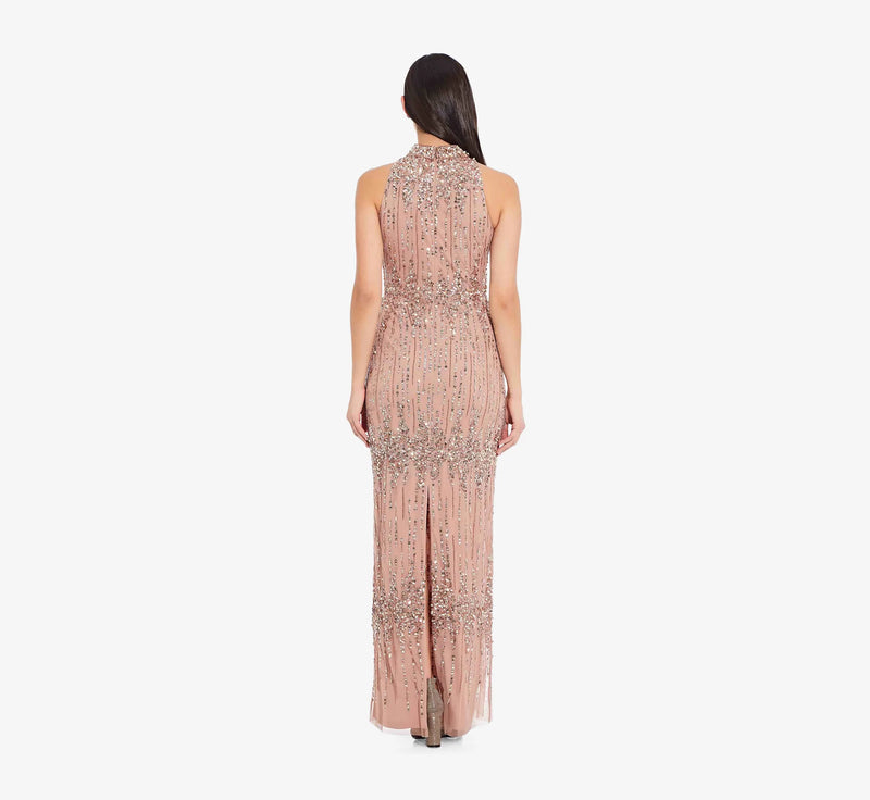 Adrianna Papell -Beaded Column Gown with Mock Neckline in Rose Gold