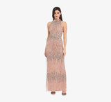 Adrianna Papell -Beaded Column Gown with Mock Neckline in Rose Gold