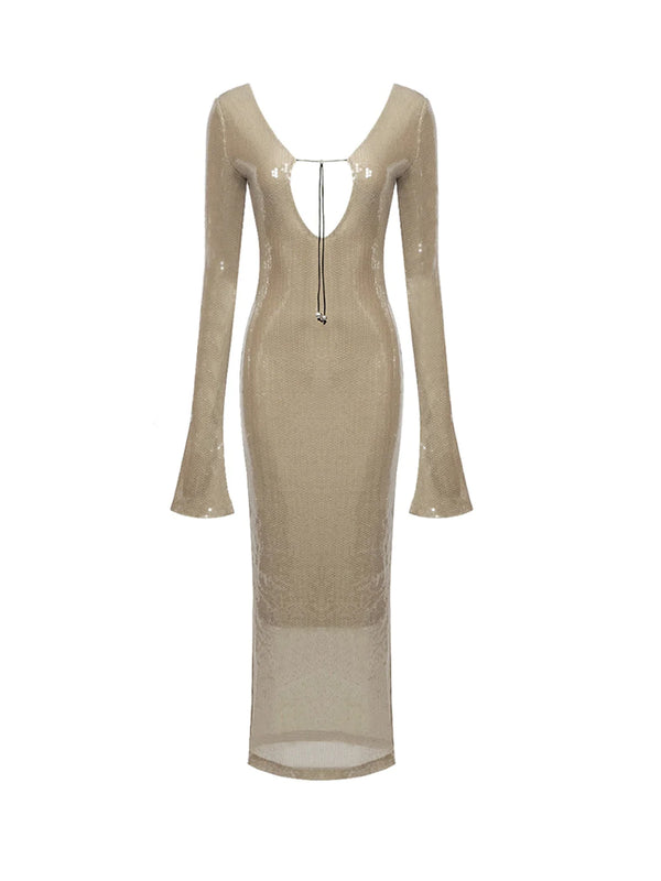 MEW MEWS -Aoibhe Long Sleeve Sequin Backless Maxi Dress In Apricot