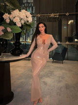 MEW MEWS -Aoibhe Long Sleeve Sequin Backless Maxi Dress In Apricot