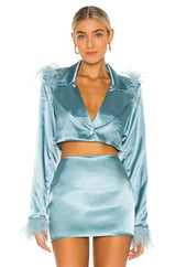 Feather Cropped Blazer and Skirt Set - joinleora