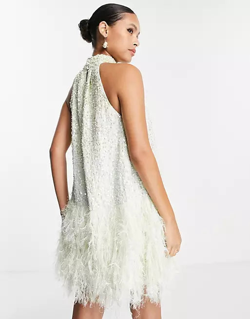 ASOS -ASOS EDITION sequin halter mini dress with faux feather hem in sage green