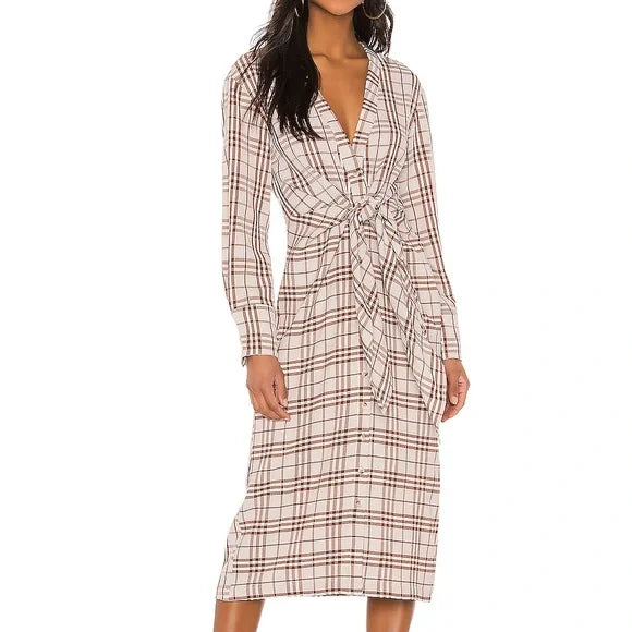 L'ACADEMIE -The Pauline Midi Dress in Brown Plaid