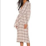 L'ACADEMIE -The Pauline Midi Dress in Brown Plaid