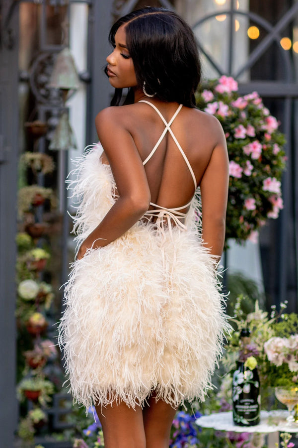 Club L -Power Up Champagne Feather Halter Dress