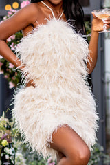 Club L -Power Up Champagne Feather Halter Dress
