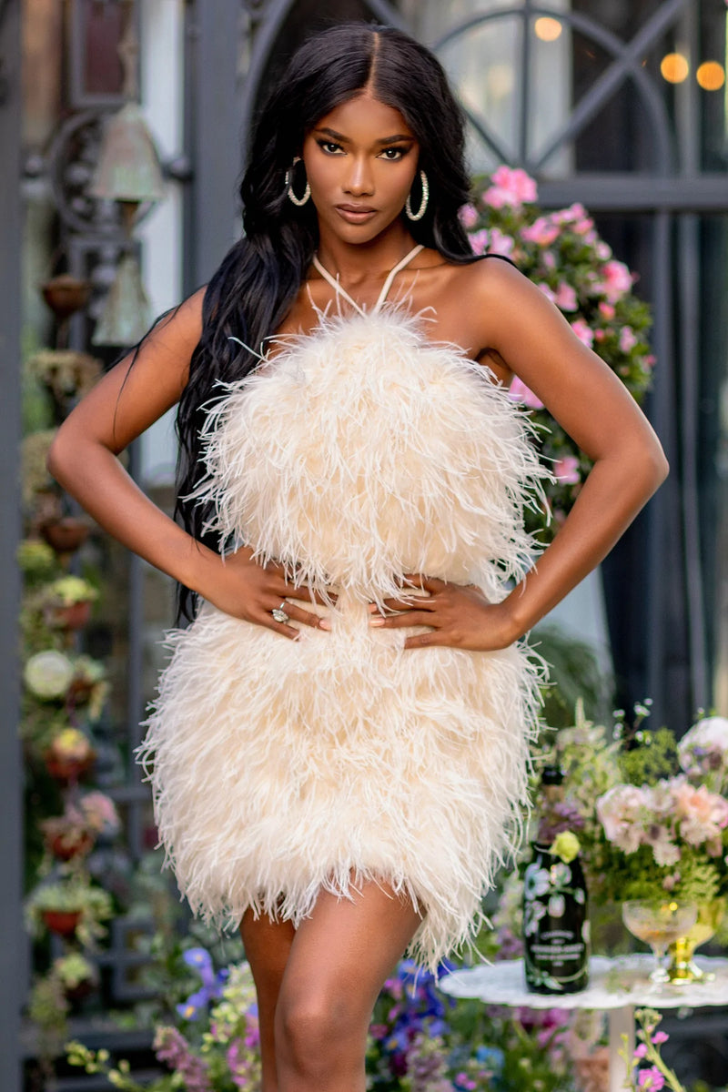Club L -Power Up Champagne Feather Halter Dress