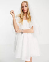 Sister Jane -Dream Puff Sleeve Babydoll Dress with Pearl Embellishment in White