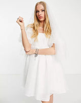 Sister Jane -Dream Puff Sleeve Babydoll Dress with Pearl Embellishment in White